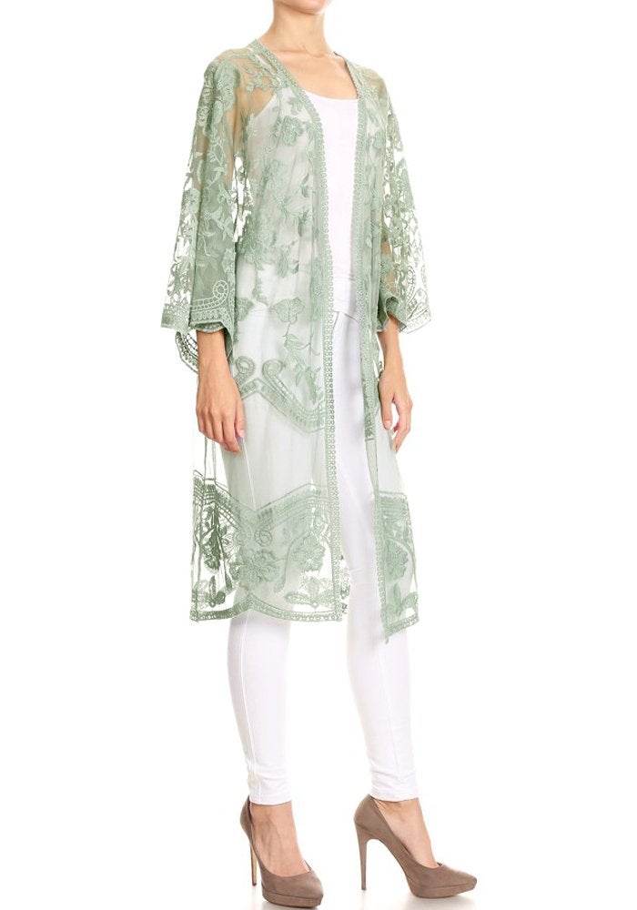 Anna-Kaci Floral Crochet Lace Cardigan for Women Beach Cover Ups Dress Kimono, Green, OneSize - Image 3